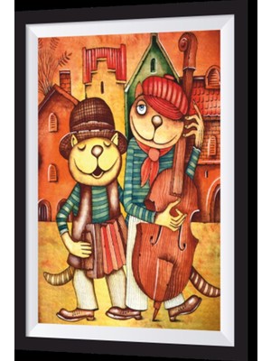 Müzisyen Kediler Sanatsal Çerçeve Görünümlü Ahşap Tablo