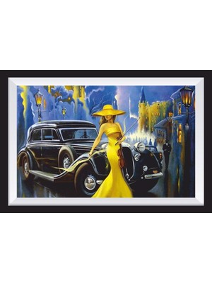 Klasik Araba ve Kadın Sanatsal Çerçeve Görünümlü Ahşap Tablo