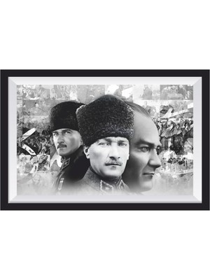 Atatürk Portreleri Kolajı Çerçeve Görünümlü Ahşap Tablo Retro Ahşap Poster