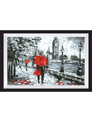 Kırmızı Şemsiyeli Aşıklar Sanatsal Çerçeve Görünümlü Ahşap Tablo