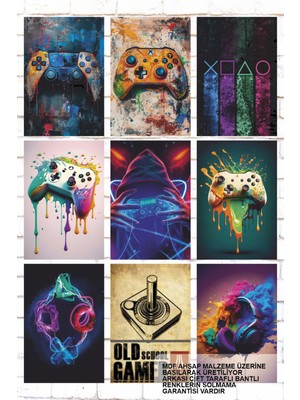 Gamer Oyuncu Ps Pc Konsol Oyun Genç Odası  9 Parça Karışık Ahşap Tablo Seti  Posterler