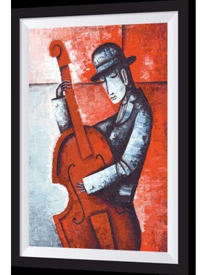 Kontrbas Çalan Adam Sanatsal Çerçeve Görünümlü Ahşap Tablo