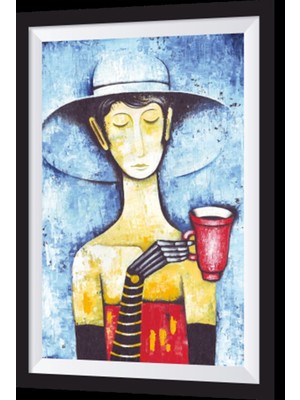 Kafede Yalnız Kadın Sanatsal Çerçeve Görünümlü Ahşap Tablo