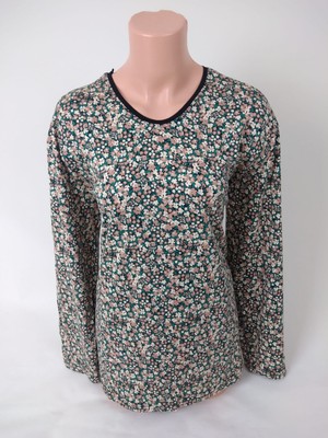 Kadın Siyah Yeşil  U Yaka Uzun  Kollu Desenli Yırtmaçlı Dokuma Viskon Anne Penye Tişört