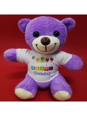 Happy Birthday Tişörtlü Peluş Mor Ayıcık