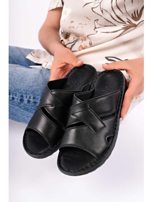 Erkek Hakiki Deri Siyah Comfort Taban Rahat Terlik