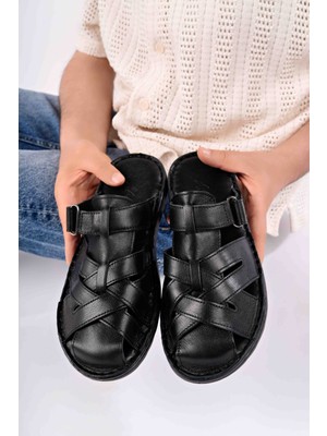 Erkek Hakiki Deri Siyah Burnu Kapalı Comfort Taban Rahat Terlik