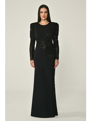 Alfa Beta Kolları Beli ve Yırtmacı Payetli Krep Uzun Abiye Elbise