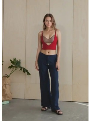 Kadın Bol Paça Ribanalı Beli Lastikli Dekoratif Bağcık Detaylı Pantolon