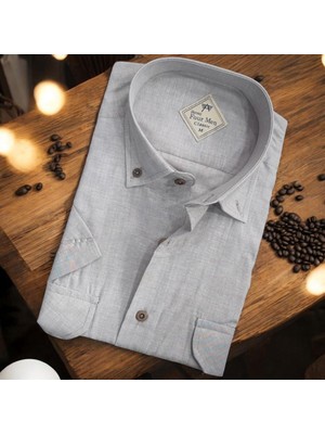 Linen Keten Klasik Kısa Kollu Gri Çift Cepli Erkek Gömlek (Regular Kalıp)