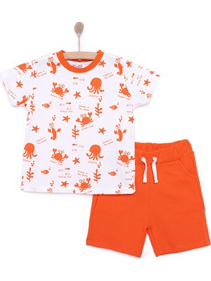 Hellobaby Erkek Bebek Tişört-Şort 2li Takım Under The Sea Bisiklet Yaka Reçme Paça Kısa Kol Turuncu
