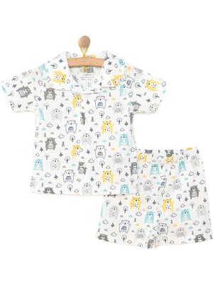 Hellobaby Erkek Bebek Pijama Takım Düğmeli Kapüşonlu Yaka Kısa Kol