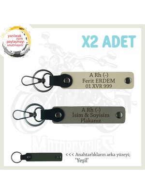 Miaju Motor Severlere Özel, Isim Plaka ve A Rh (-) Kan Grubu Yazılı X2 Anahtarlık Set, Kül Gri-S Kahve-Ysl