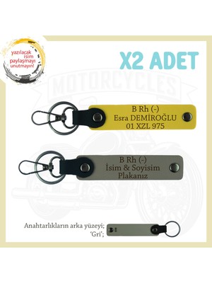 Miaju Yolların Sürücülerine, Isim Plaka ve B Rh (-) Kan Grubu, Kişiye Özel X2 Anahtarlık, Kül Gri-Sarı-Gr