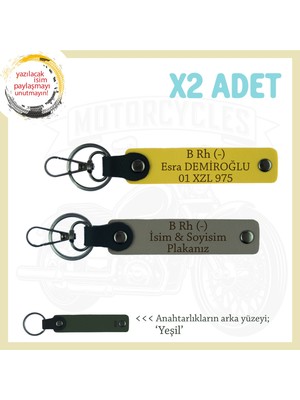 Miaju Yolların Sürücülerine, Isim Plaka ve B Rh (-) Kan Grubu Yazılı 2'li Anahtarlık Set, Kül Gri-Sarı-Ysl