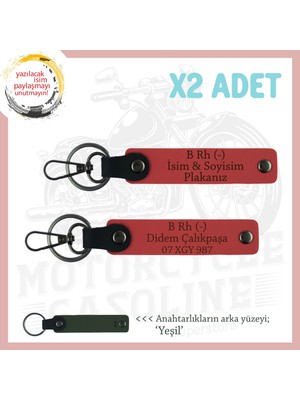 Miaju Motor Severlere Hediye Isim Plaka ve B Rh (-) Kan Grubu Yazılı Deri 2'li Anahtarlık, Nar Çiçeği-Ysl