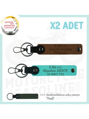 Miaju Motorcuya Armağan, Isim Plaka ve 0 Rh (+) Yazılı Kişiselleştirilen X2 Anahtarlık, Kahve-Turkuaz-Ysl