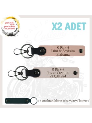 Miaju Hız Severlere Özel, Isim Plaka ve 0 Rh (-) Kan Grubu Yazılı X2 Anahtarlık Set, Yavruağzı-Pudra-Laci