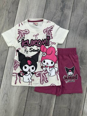 Kuromi Baskılı Beyaz Tişört ve Mürdüm Renkli Şortlu Kız Çocuk Takım