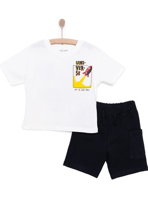 Hellobaby Erkek Bebek Tişört-Şort 2li Takım Cosmic Line Bisiklet Yaka Reçme Paça Kısa Kol Ekru