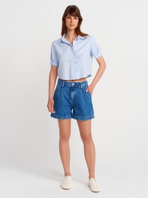 72000 Yan Cepli Pileli Denim Şort-Lacivert