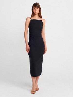 91479 Büzgülü Midi Elbise-Siyah