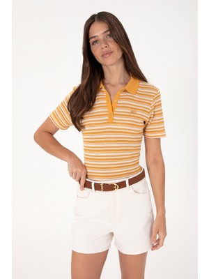U.S. Polo Assn. Kadın Turuncu Çizgili Polo Yaka Tişört 50300678-VR202