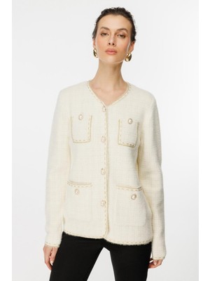 Simli Biye Detaylı Düğmeli Ekru Kadın Hırka 43928-2K5