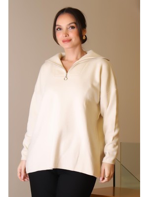 Geniş Yaka Fermuarlı Taş Triko Kadın Kazak 6078-2K5