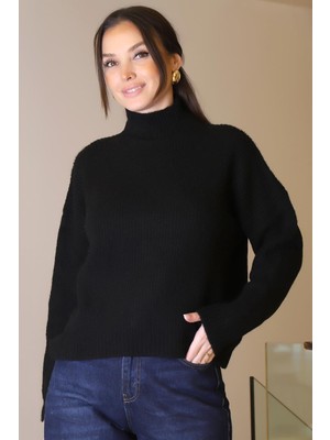 Yarım Balıkçı Uzun Kollu Siyah Kadın Kazak 0116-2K5