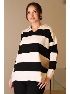 V Yaka Çizgili Ekru Siyah Kadın Triko Kazak 5208-2K5