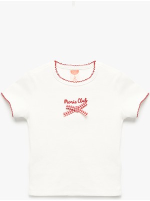 Koton Kısa Kollu Pamuklu Tişört Kız Çocuk Fiyonk Detaylı Günlük Stil Beyaz