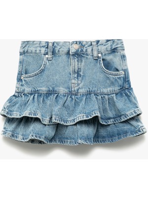 Koton Pamuklu Fırfır Detaylı Katlı Cepli Mini Denim Etek