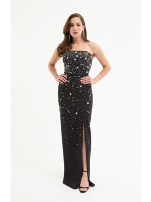 Kadın Siyah Straplez Taşlı Uzun Abiye Elbise