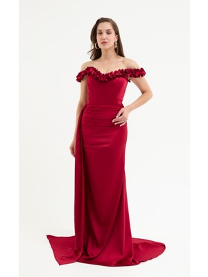 Kadın Bordo Yaka Çiçekli Uzun Saten Abiye Elbise