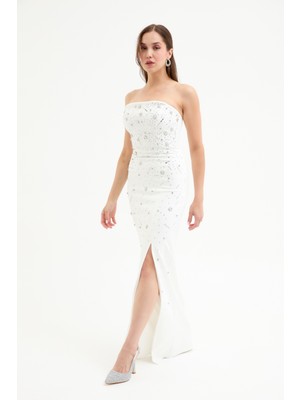 Kadın Beyaz Straplez Taşlı Uzun Abiye Elbise