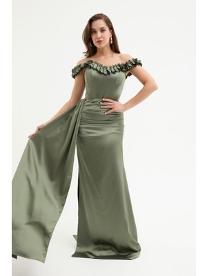 Kadın Haki Yaka Çiçekli Uzun Saten Abiye Elbise