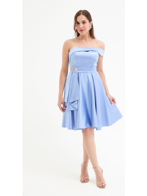 Kadın Bebe Mavi Taş Aksesuarlı Saten Mini Mezuniyet Abiye Elbise