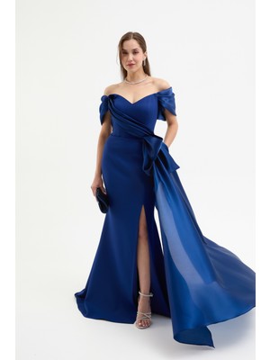 Kadın Lacivert Kayık Yaka Kuyruklu Uzun Abiye Elbise