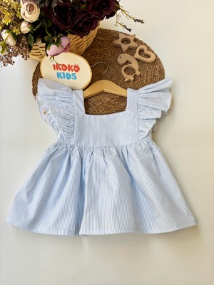 Mavi-Çizgili-Fırfır-Detaylı-Elbise