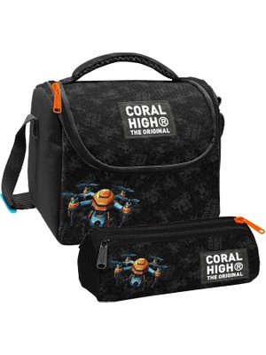 Coral High Erkek Çocuk Drone Pilotu Siyah Thermo Beslenme Çantası ve Üç Bölmeli Kalem Çantası Seti