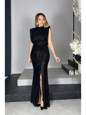 Ges Moda G1285 Drape Detaylı Payet Abiye Elbise Siyah