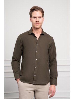  Erkek Haki Trend Italyan Yaka  Slim Fit Dar Kesim Gömlek