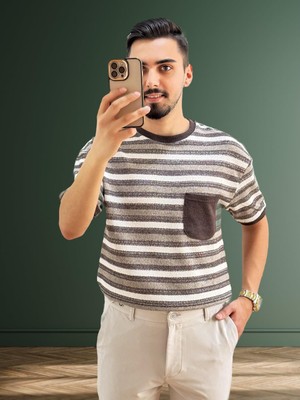 Erkek Bisiklet Yaka Cep Detaylı Yeni Sezon Trend Çizgili Örme T-Shirt
