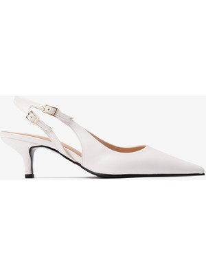 Beyaz Cilt Çift Tokalı Kadın Topuklu Ayakkabı