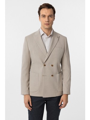 Süvari Dar Kalıp Gofre Desenli Esnek Bej Tek Ceket