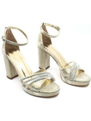 Feles Çapraz Üç Şerit Taşlı 10 cm Platform Topuklu Kadın Abiye Ayakkabı