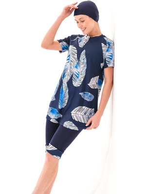 2256_FERMUARLI Kısa Kollu Yaprak Desenli 4'lü Takım Yarı Kapalı Tesettür Deniz/havuz Mayosu