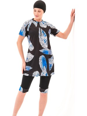 2256_FERMUARLI Kısa Kollu Yaprak Desenli 4'lü Takım Yarı Kapalı Tesettür Deniz/havuz Mayosu