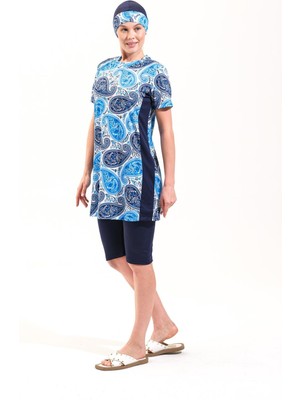 2260_KADIN 4'lü Takım Yarı Kapalı Boneli Büstiyerli Deniz/havuz Tesettür Mayosu